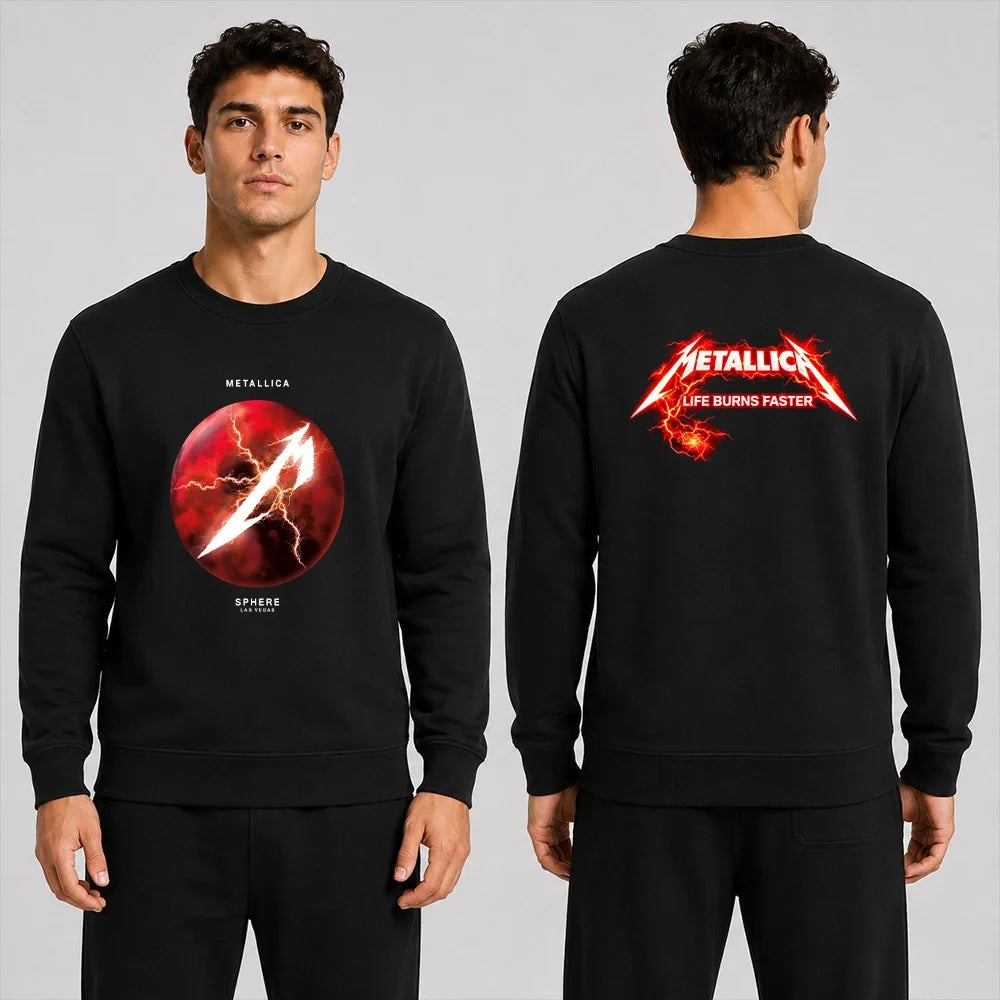 Metallica Life Burns Faster 2026 Sphere Las Vegas United States 2 Side T-Shirt featuring a glowing red Lightning Sphere graphic on the front and electrified Metallica Life Burns Faster logo on the back.